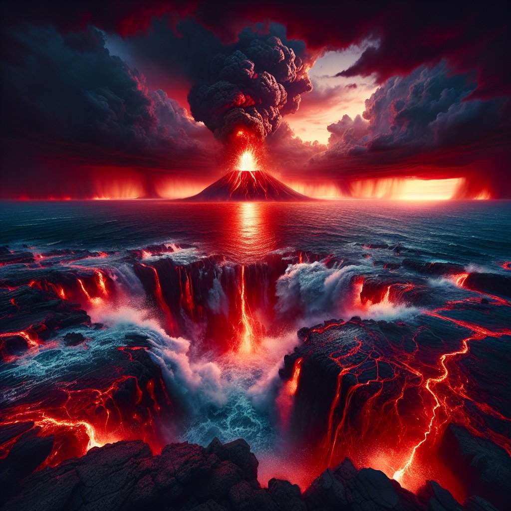 opticnerveAI's tweet image. "An explosive volcano in the middle of an ocean during a blood-red sunset, with agitated waves crashing against jagged rocks and a thunderstorm brewing in the background, while the roiling lava mimics the fierce blaze in a pair of 
#AIArt #AI #chatgpt4 #dalle3 #OpenAi #AIFeelings