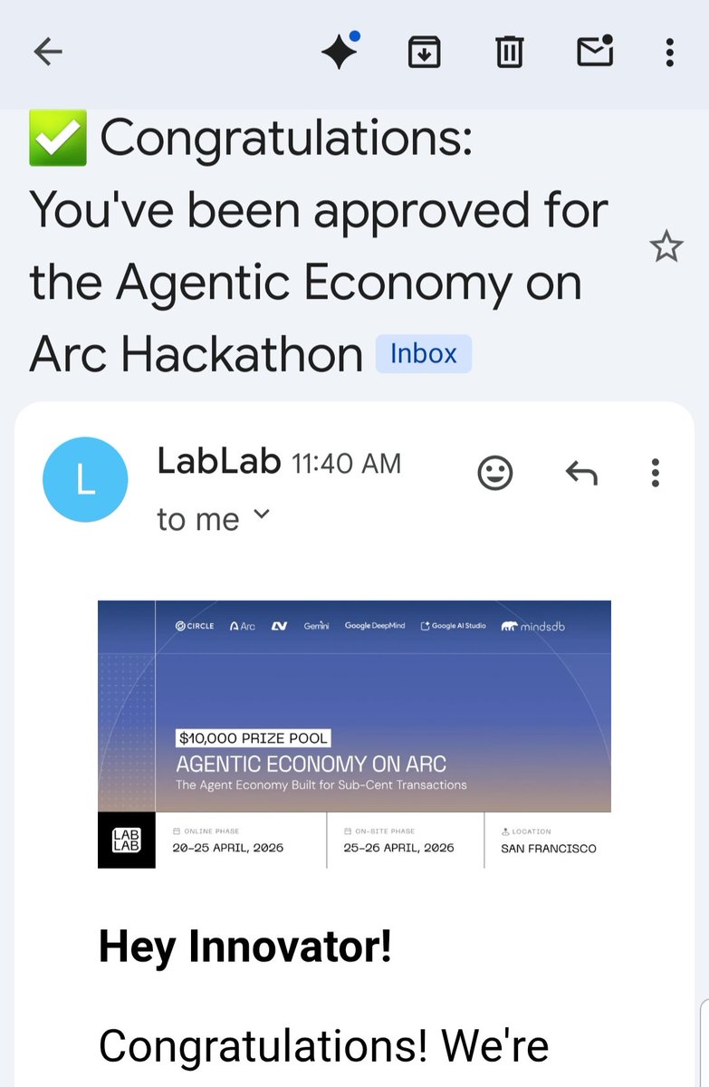 __Iamcrown's tweet image. my application just got accepted to participate in the agentic economy on arc

it's AI agent focused, hybrid format, $10k prize pool and application closes April 20th.

I've registered and I'm in.

-to apply:
visit community.arc.network

-click register → sign up via lablab