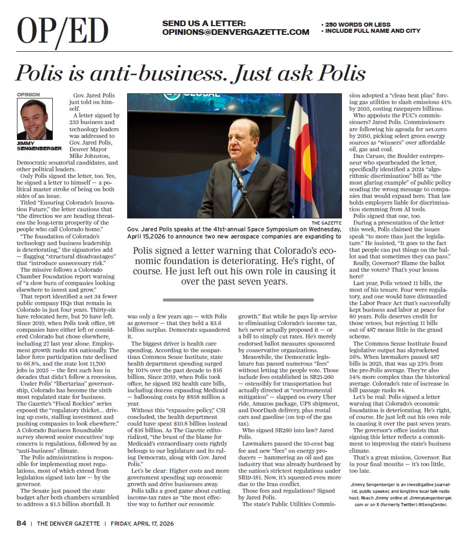 SengCenter's tweet photo. Jared Polis is anti-business.
Just ask... @JaredPolis.
A letter @GovofCO signed warns Colorado's economy is deteriorating — after years of his own policies helped drive it there.
He's telling on himself.
My latest @DenverGazette 🔗 Link in comments 👇
"A letter signed by 233 business and technology leaders was addressed to Gov. Jared Polis, Denver Mayor Mike Johnston, Democratic senatorial candidates, and other political leaders.
Only @PolisForCO signed the letter, too. Yes, he signed a letter to himself — a political master stroke of being on both sides of an issue."
