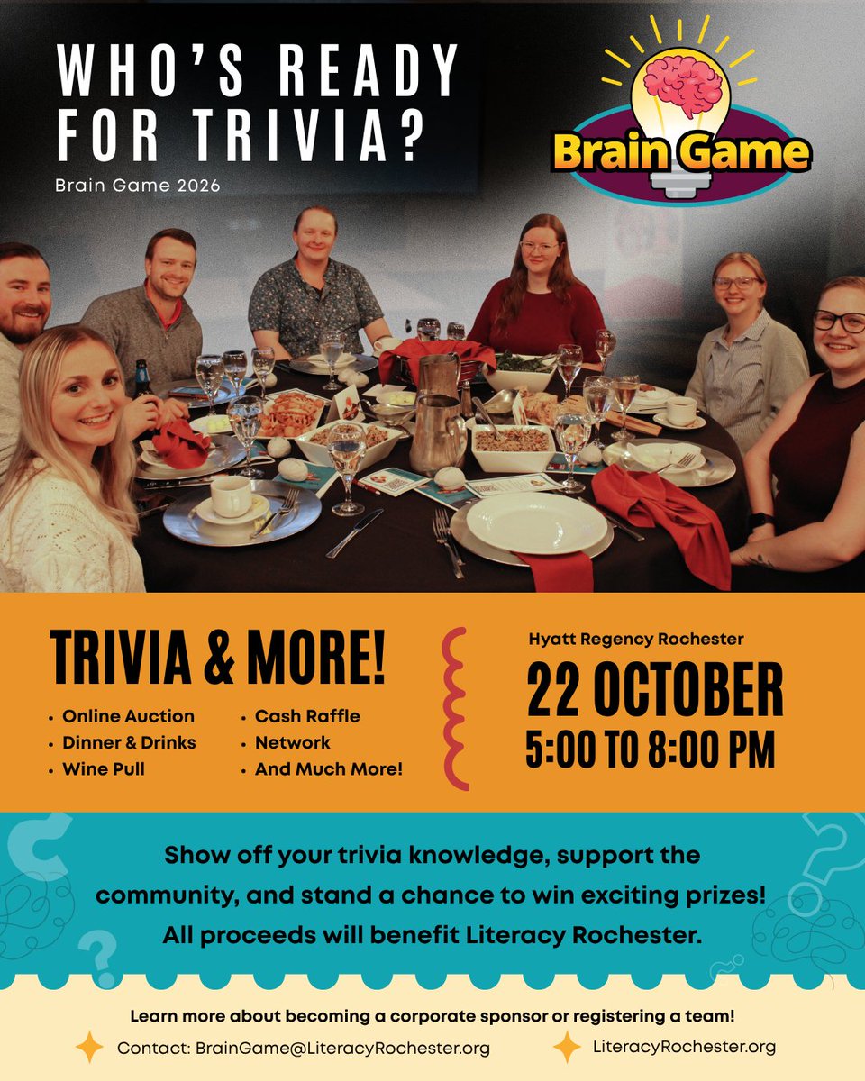 🧠 Calling all trivia enthusiasts! Brain Game is back and we are ready to crown a new champion! Join us for a chance to show off your trivia knowledge, win prizes, and support Literacy Rochester. 

When: Oct. 22nd
Where: Hyatt Regency Rochester
Learn more: bit.ly/2H8ke70