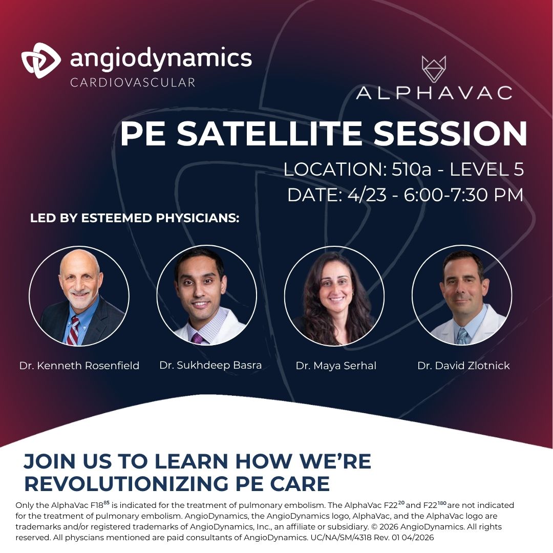 AngioDynamicsCV's tweet image. Join team #Angio at our upcoming Satellite Session at #SCAI2026

Thursday, 4/23, 6:00-7:30 PM. Located at 510a, level 5. 

Risk Info: bit.ly/4mg2mI9

#AngioDynamics #PE #AlphaVac #Thrombectomy #CardiovascularCare