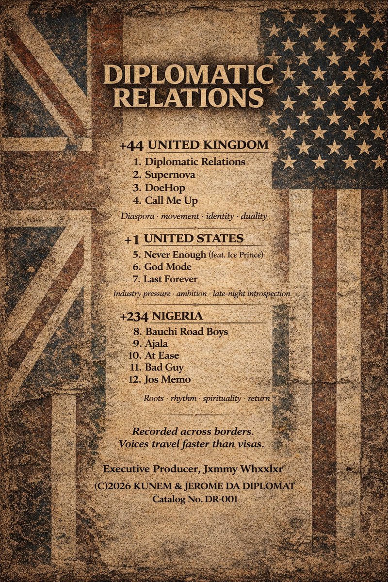 Different worlds.  
Different flags.  
One message.

Diplomatic Relations — out now. 

#NewMusic #NowPlaying #NewMusicAlert #HipHop 

Visit project website to listen: diplomaticrelations.co