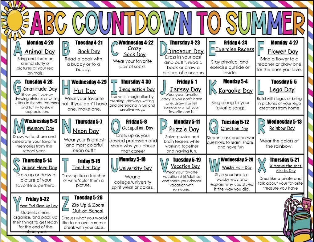 WashingtonD50's tweet photo. We’re so excited to kick off our ABC Countdown to Summer! Here is the list of fun themed days in case your child would like to join in on the countdown fun. Let the summer countdown begin! ☀️ https://t.co/TE1VnkgYTE