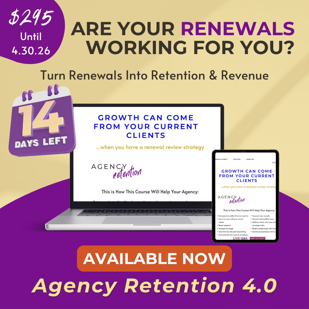 Appsinsurance's tweet image. 💡 14 Days Left!

🔥 Don’t miss your chance! Only 14 days left to grab the Retention 4.0: Turn Renewals into Revenue course for $295 before pre-sale ends 04.30.26!

#InsuranceGrowth #ClientLoyalty #RetentionWins #AgencySuccess #PreSaleSavings #InsuranceTips #PolicyRenewals