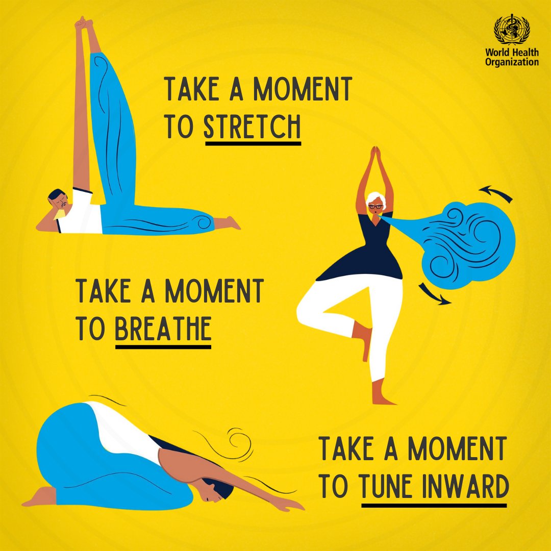 WHO's tweet image. Has it been a stressful week?

Take a moment to: 
✅ Enjoy a pose
✅ Breathe slowly 
✅ Tune into yourself!

You deserve a moment of calm. Here’s to a peaceful end of the year and a refreshed start to the next one! #SelfCare