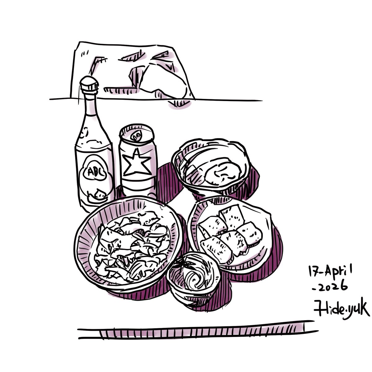 hidebosan's tweet image. latihan. makan malam pada hari ini. 今日の夕食。 #sketsapen #pensketch  #sketch #clipstudio #makanan