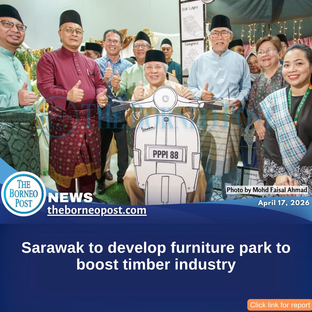 theborneopost's tweet image. Sarawak will develop a furniture park in Kuching before expanding it to Tanjung Manis as part of efforts to strengthen the timber industry and attract investment, says Deputy Premier Datuk Amar Awang Tengah Ali Hasan.
theborneopost.com/2026/04/17/sar…

#Sarawak #Timber #FurniturePark
