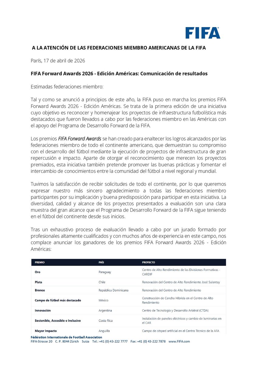 APFOficial's tweet photo. La FIFA otorgó a Paraguay el máximo reconocimiento en los FIFA Forward Awards 2026 – Edición Américas, destacando el impacto del proyecto del CARDIF (Centro de Alto Rendimiento de las Divisiones Formativas).

Esta iniciativa distingue a los proyectos de infraestructura con mayor repercusión en el desarrollo del fútbol en el continente.

Un reconocimiento que pone en valor un modelo basado en planificación, inversión sostenida y formación integral.

Agradecemos a la FIFA (@fifacom_es) por su apoyo y acompañamiento constante al desarrollo del fútbol en Paraguay, y al presidente Gianni Infantino por su compromiso con el crecimiento del fútbol a nivel global.

Paraguay, referencia en el desarrollo del fútbol ⚽️🇵🇾