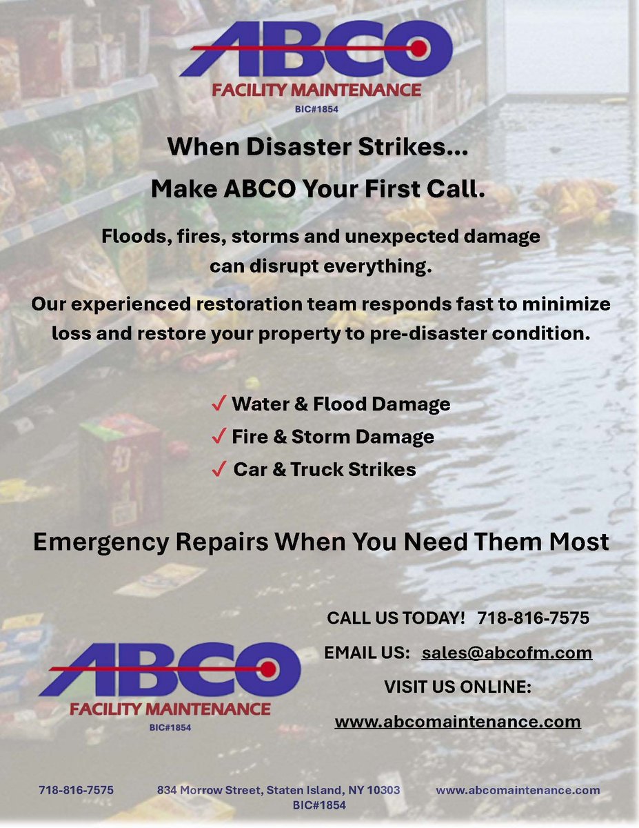 abcofm's tweet image. When disaster strikes, every minute matters.

From floods to fires and unexpected damage, ABCO responds fast to protect your property and get you back up and running.

#ABCOMaintenance
#FacilityMaintenance
#EmergencyRepairs
#DisasterRecovery
#CommercialMaintenance