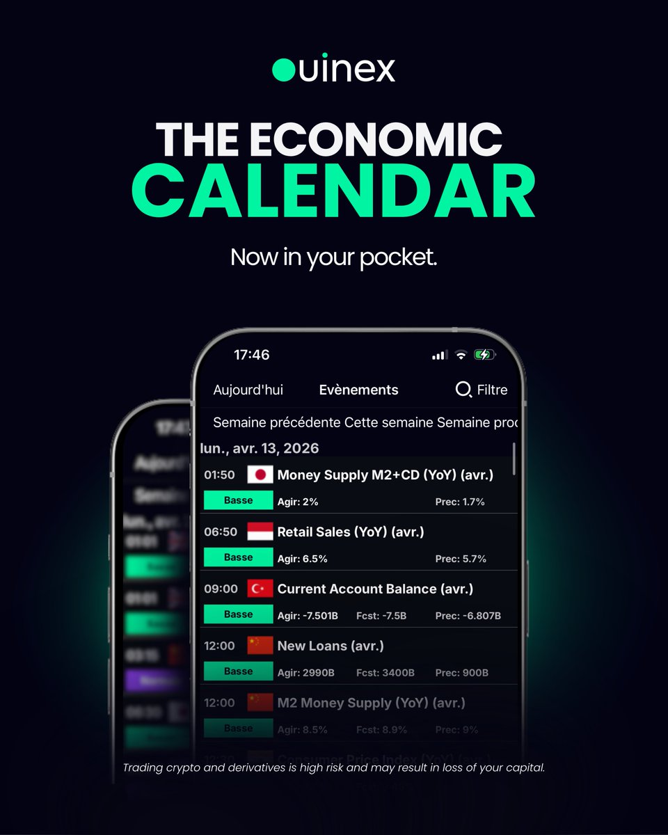 Ouinex's tweet photo. Markets don't move randomly. Behind every major price move, there's an event, a central bank decision, an inflation report, a jobs number.

The Ouinex app has a built-in economic calendar.
Key macro events, forecasts and previous data, all in one place!

So you know what's coming before it hits the charts.
No switching between apps. No missed catalysts.

Download Ouinex App now on App Store. Android? Download directly 👉 https://t.co/bmDb8EUT2I

Android users, step-by-step install guide here 👉 https://t.co/wuSarL2wBW