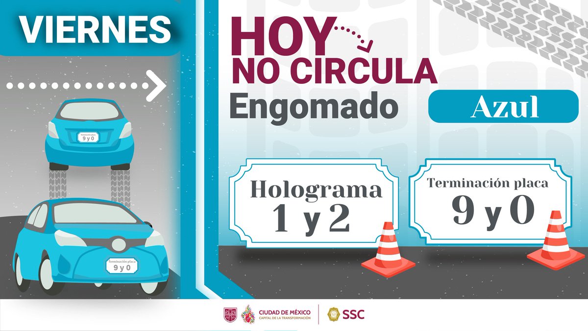 Central_CM's tweet image. Este viernes, el programa #HoyNoCircula aplica a vehículos con terminación de placas 9 y 0, engomado #azul, con holograma de verificación 1 y 2.