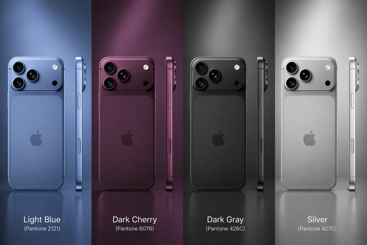 iPhone 18 Pro colors (render) 👀
Dark Cherry incoming 🍷

• Dark Cherry 🍒 
• Silver 🥈 
• Light Blue 🩵 
• Dark Gray 🩶 

Which one are you picking 🎨