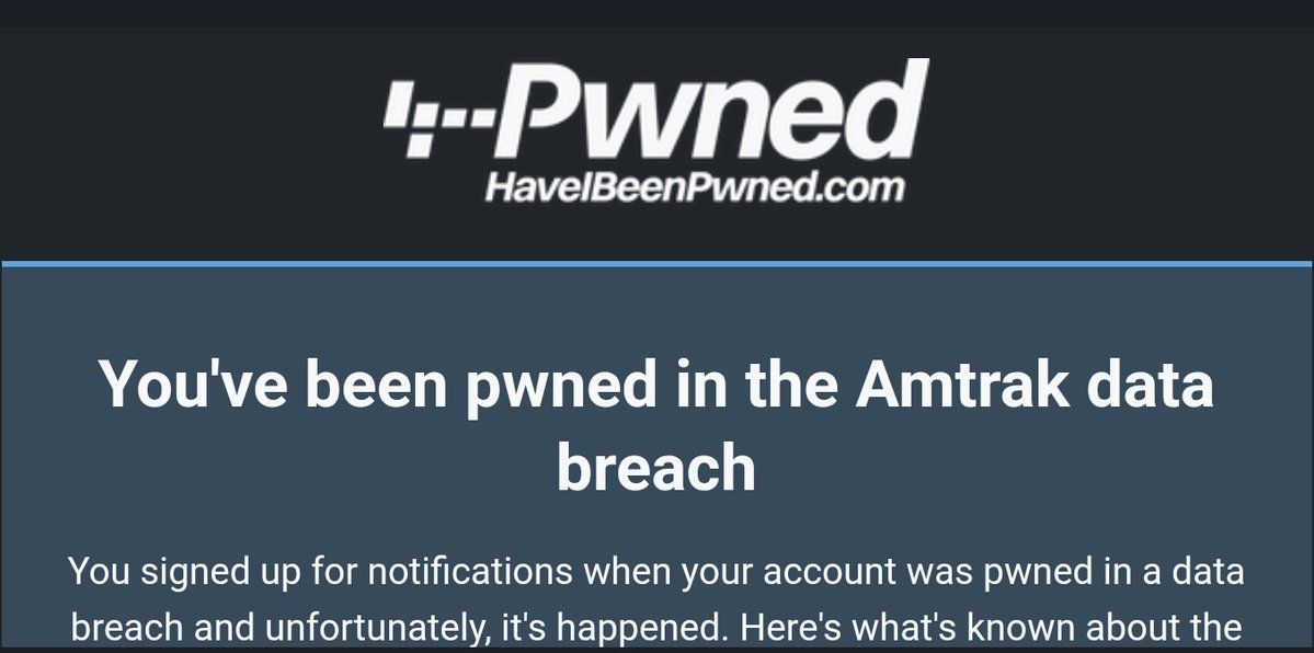gojimmypi's tweet image. WTAF @Amtrak 😡 I learned about your breach of my data from 3rd party @haveibeenpwned and nothing from you directly? Prompt communication is the first rule of trust and best business practice. #NotCool #WakeUp