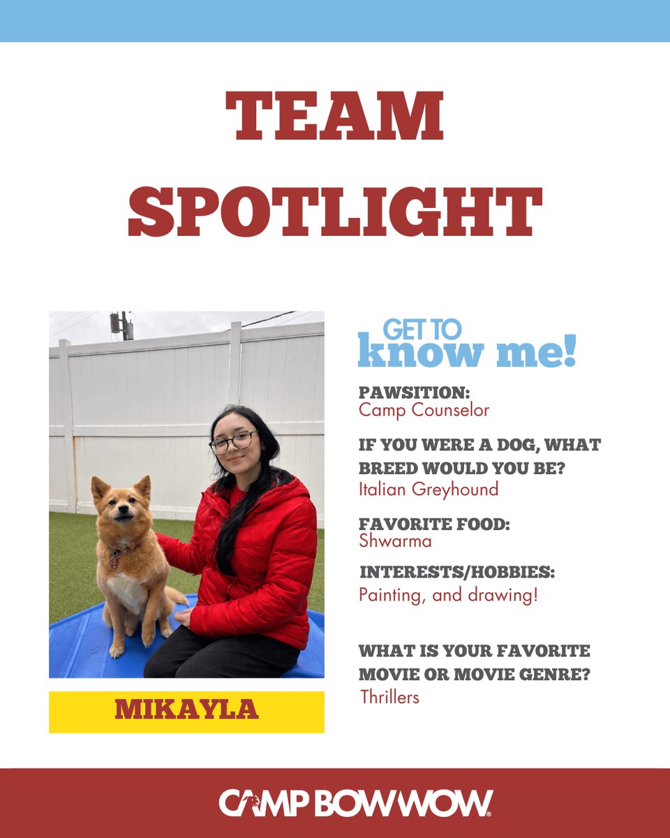 CampBowWowSCS's tweet image. Get to know our Team! This month we're highlighting one of our PAWsome Counselor's, Mikayla! ✨  #TeamSpotlight #Camplife