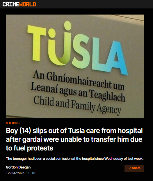 Polito_loco's tweet photo. Just when you think you've seen and heard it all regarding the fuel protests. 

Today, the government are blaming a child going missing from @tusla on the protests. 

Children have been abused, tortured, murdered, died, and gone missing long, long before any fuel protests. 

There is no low too low these sociopaths will not sink to.