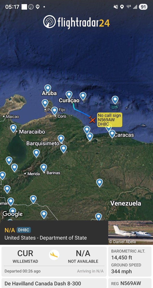 Borrowed7Time's tweet photo. US State Dept Dash 8-300 N569AW #A7486E en route from Willemstad to Caracas.
@sipjack1776 @LatAmMilMVMTs @LadyAstroJet https://t.co/ixVCUiSxtV