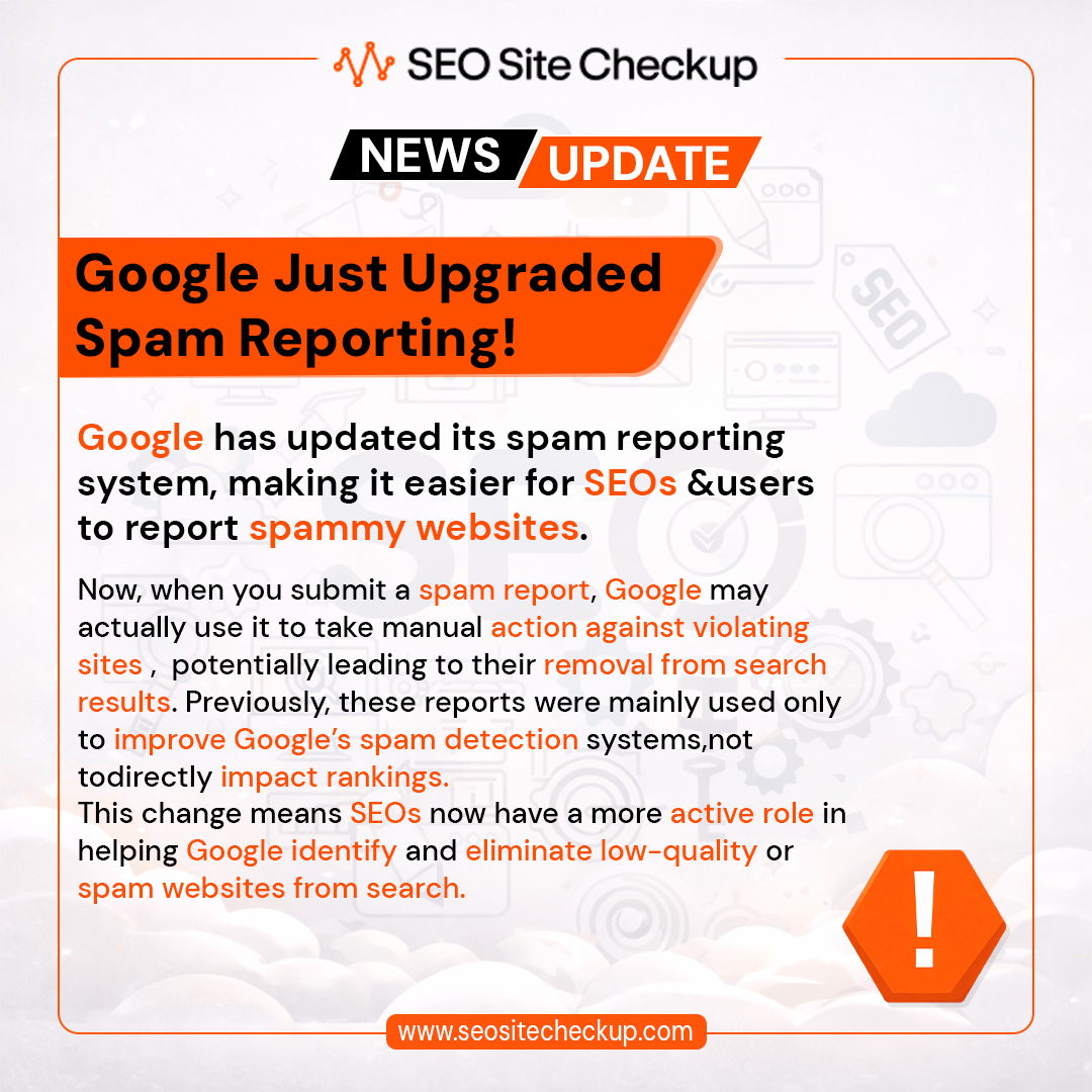 Seositecheckup's tweet image. Big update from Google!
Your spam reports are no longer just feedback, they can directly trigger action against spammy websites.
Audit your website for FREE: seositecheckup.com 

#GoogleUpdate #SEOTips #SEONews #GoogleSEO #SpamReports #SeoSiteCheckup