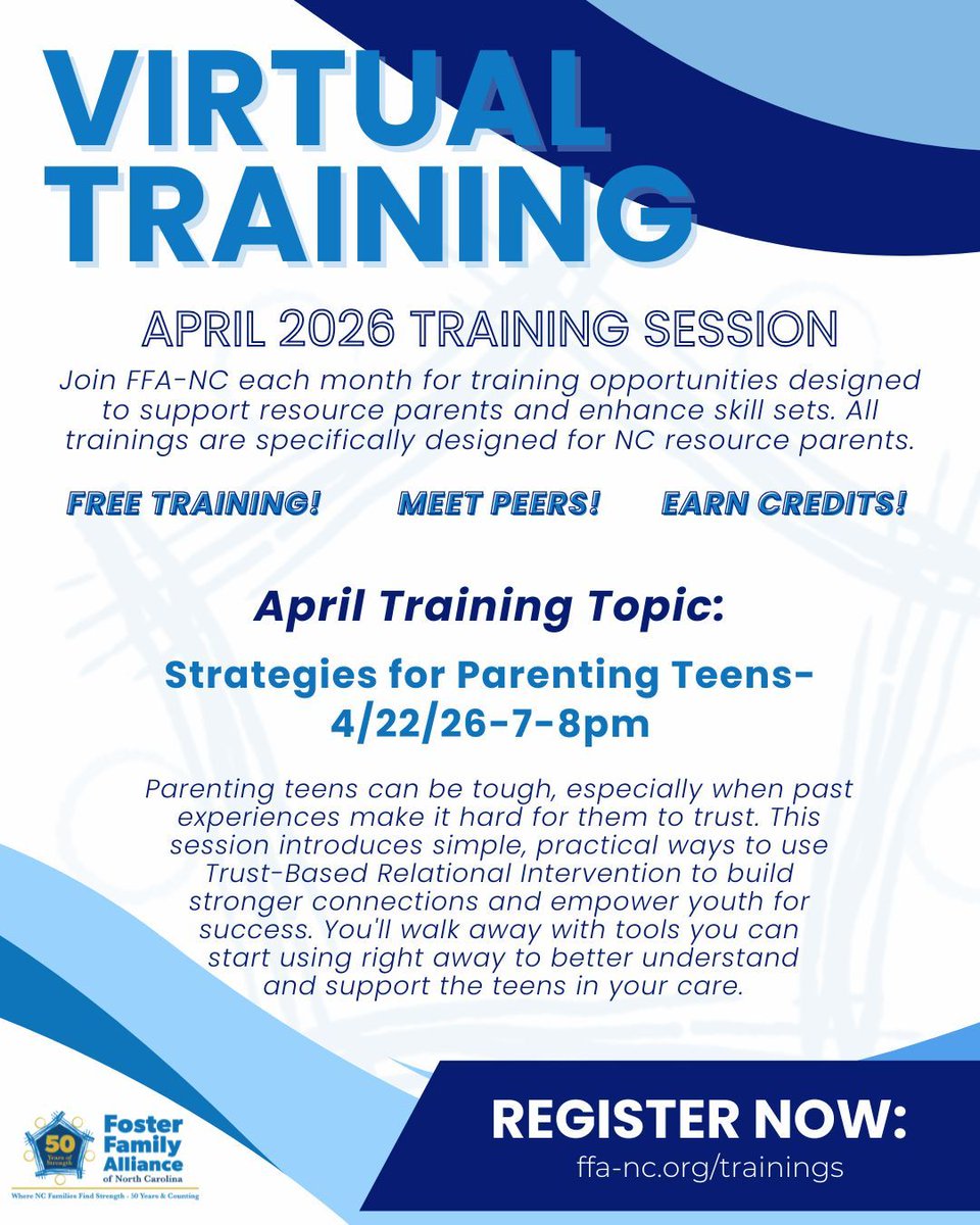 FosterFamilyNC's tweet image. 💻 Register now for our final Virtual Training of April!

🗓️ 4/22 - 7:00 - 8:00pm - Strategies for Parenting Teens
🔗 Register now! ffa-nc.org/trainings 

#FFA #fostercare #VirtualTraining