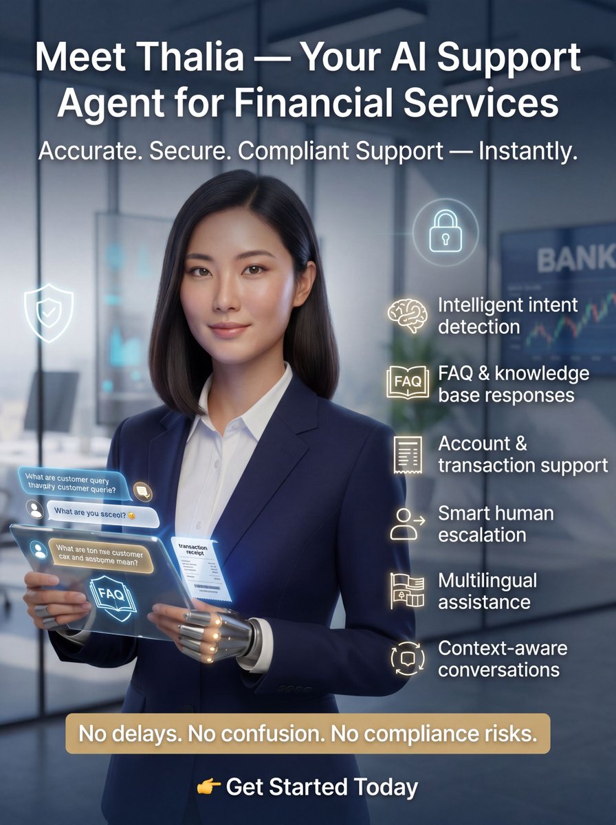 NexCognit's tweet image. 💼 Meet Thalia — Your AI Support Agent for Financial Services

👉 Get Started Today

💬 WhatsApp: wa.me/447451261973
🌐 nexcognit.com

#CustomerSupport #Fintech #AIForBusiness #SupportAutomation #DigitalTransformation #CustomerExperience #AIIndia #FintechSolutions