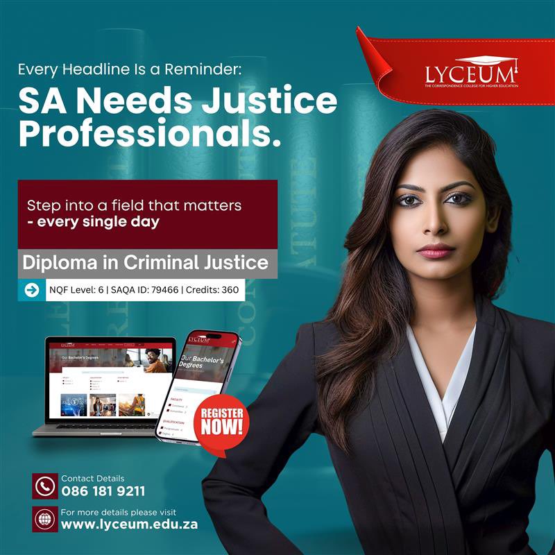 LyceumCollege's tweet image. Every headline is a reminder: South Africa needs justice professionals.

Step into a career that makes a real impact with our Diploma in Criminal Justice. 

Start your journey today: lyceum.edu.za/programme/dipl…

#CriminalJustice #StudyOnline #LyceumCollege