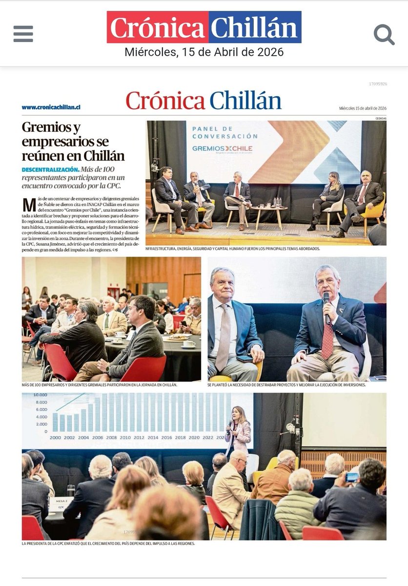 damikgi's tweet photo. El desarrollo de Chile se juega en sus regiones.
El encuentro entre la CPC, gremios de Ñuble y autoridades deja una conclusión clara: sin coordinación real entre sector público y privado, no hay crecimiento posible.
Hoy, más que diagnósticos, se necesitan decisiones. https://t.co/hpsc0UTWpD