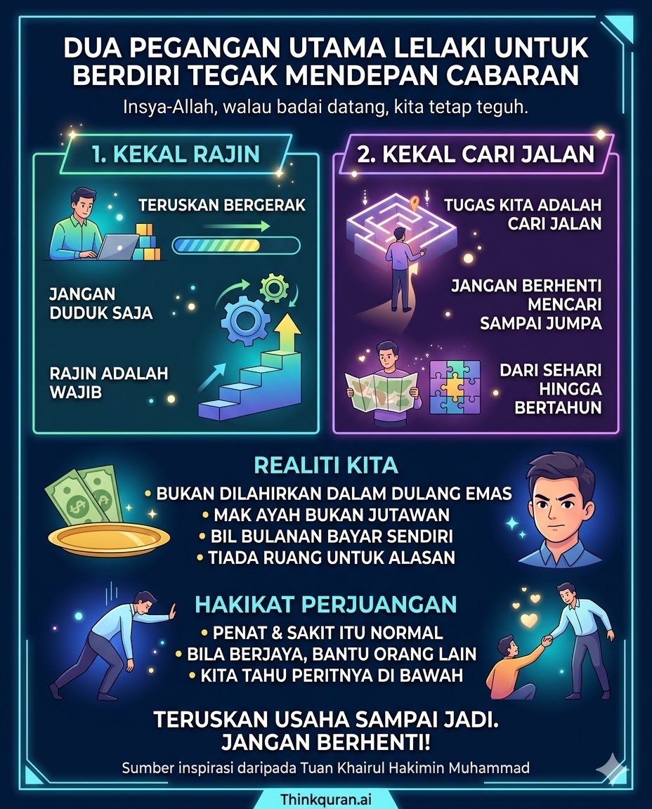 SantapanMinda's tweet photo. Dua benda jangan bagi hilang dalam kamus hidup lelaki:

1.Kekal Rajin. Tak kira apa keadaan pun, mesti buat sesuatu. Jangan duduk saja tanpa hasil.

2.Kekal Cari Jalan. Ketentuan itu urusan Tuhan, cari jalan itu urusan kita. Susah macam mana pun, cari sampai jumpa.

Kita tak ada "back-up" kaya-raya. Bil kena bayar sendiri. Sakit, penat, atau sedih itu semua normal (part of the process).

Buat sampai jadi. Bila dah jadi, bantu orang lain pula sebab kita tahu betapa peritnya hidup di bawah.

Lantak pi orang nak kata apa, yang penting kita berusaha.