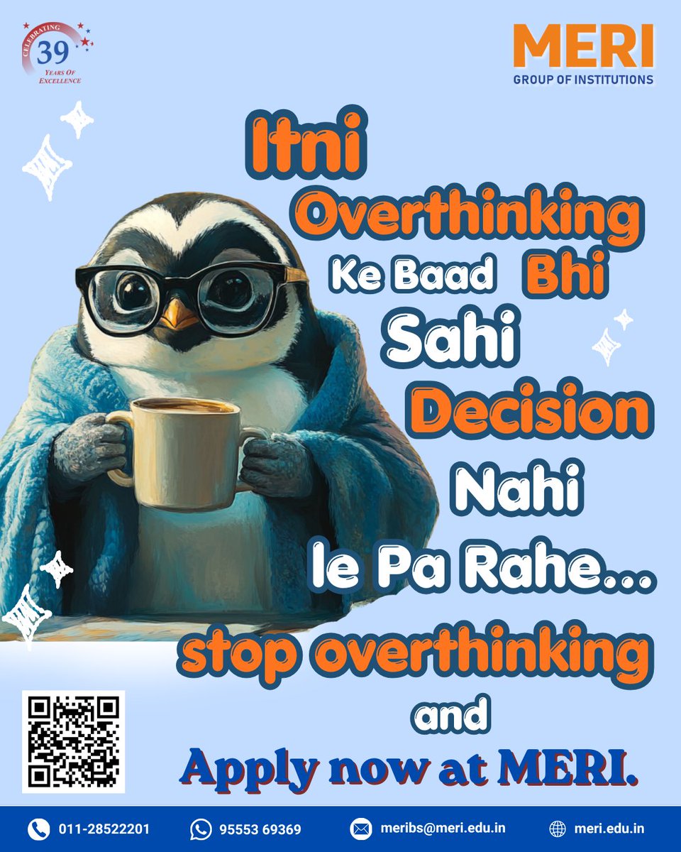 meri_college's tweet image. Overthinking can delay decisions, but the right opportunity is here. MERI provides a platform for clarity, growth and career development.Admissions are now open. Take the step towards your future.
#merigroupofinstitutions #admissionsopen #careergrowth #studentlife