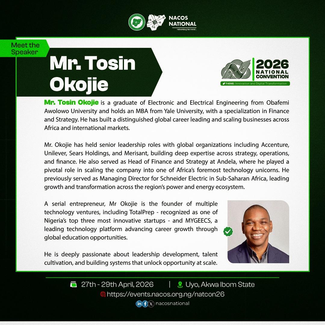 nacosnational's tweet photo. Get ready to learn from a visionary shaping careers and opportunities on a global scale.
Date: 27th–29th April, 2026
Location: Uyo, Akwa Ibom State
Register now: https://t.co/KQpBV2mn7B
#NACOSNatCon26 #NACOS #TechStudents #DigitalNigeria https://t.co/V6w9uSx3IP