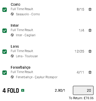 BankerBreaker's tweet image. 4-fold lock 🔒 Como, Inter, Lens &amp;amp; Fenerbahçe 💰 Odds 2.9/1 on UniBet 📊

 #Acca #BettingTips #Football #OddsBoost