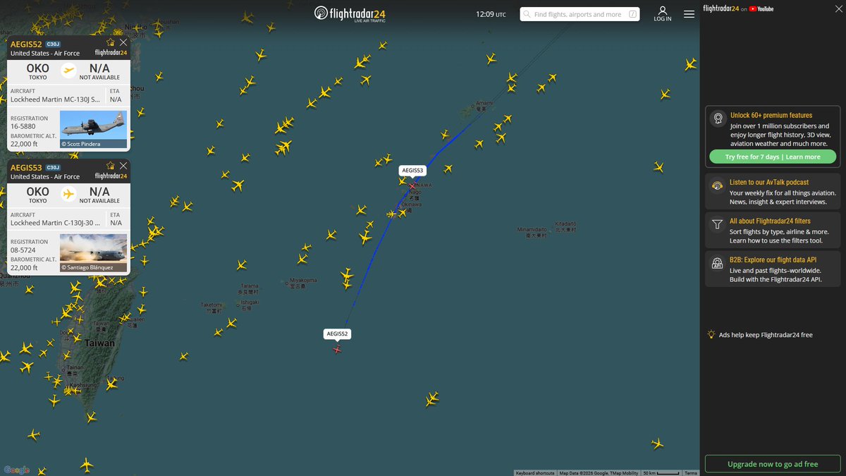 AIYeyENGDdJkjTr's tweet image. Apr. 17, 2026
#Tokyo Yokota Air Base ==&amp;gt; #Clark Air Base, Philippines 

#AEGIS51 #AE5F0A USAF C-130J-30 Super Hercules 
#AEGIS52 #AE61FD USAF MC-130J Super Hercules 
#AEGIS53 #AE4E0A USAF C-130J-30 Super Hercules
