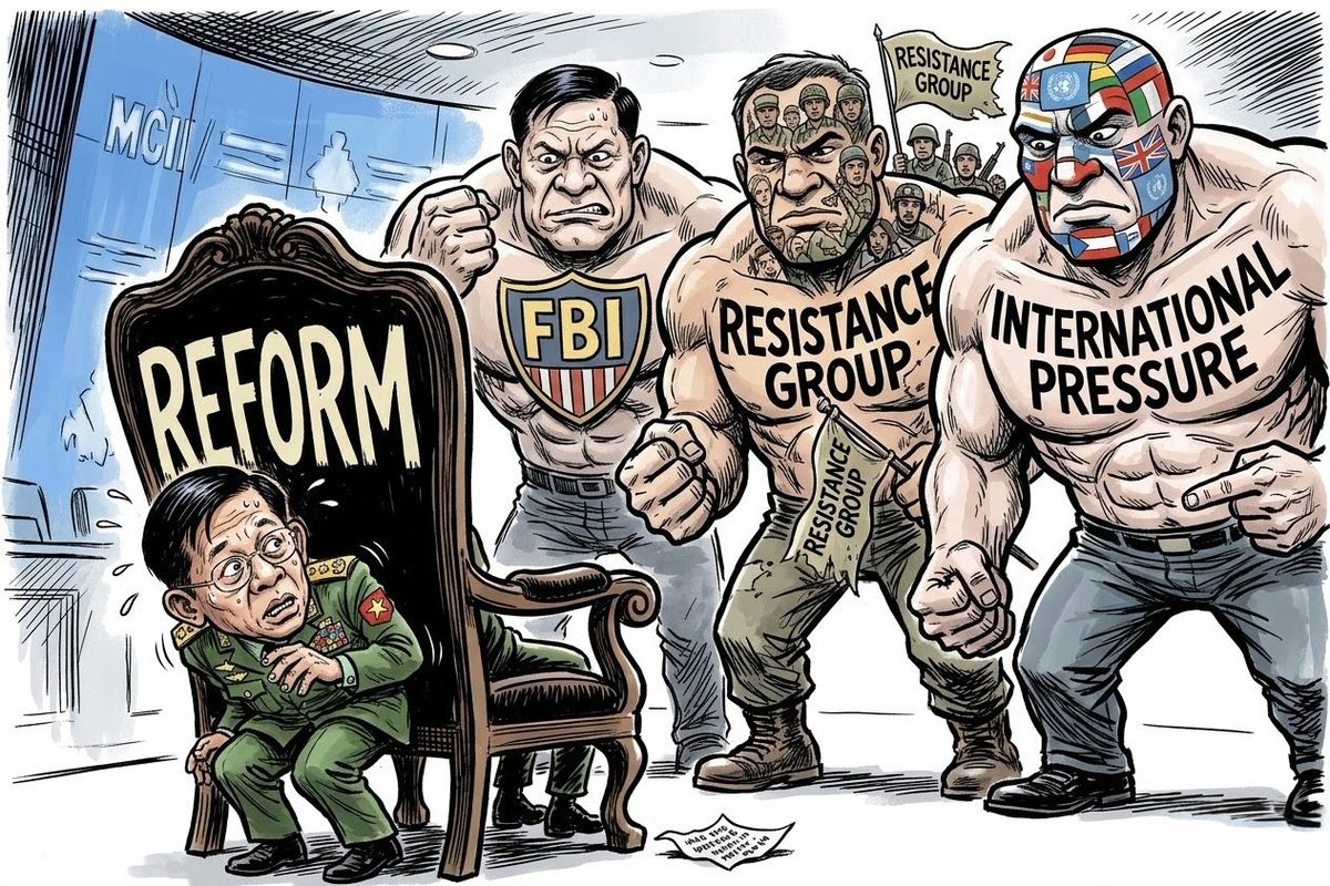 minn_robert's tweet image. Thread 🧵 (1/4)
“Burmese Junta’s Desperate Dilemma”

The Burmese junta’s release of the president and a handful of political prisoners is not justice, it’s a calculated move to reduce international pressure.

#WhatsHappeningInMyanmar 
#Myanmar 
@ Image generated by AI