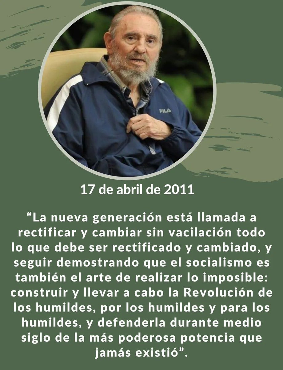 🇨🇺 Fieles al legado de Fidel 🇨🇺 
🇨🇺"La nueva generación está llamada a rectificar y cambiar sin vacilación todo lo que debe ser rectificado y cambiado, y seguir demostrando que el socialismo es también el arte de realizar lo imposible...
🇨🇺 #100AñosConFidel 🇨🇺