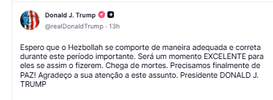 OprOpressor's tweet photo. 🚨 TRUMP MANDA RECADO AO HEZBOLLAH ⚠️🌍

Donald J. Trump afirmou que espera que o Hezbollah “se comporte de maneira adequada”, destacando que este pode ser um momento crucial para a paz no Oriente Médio.

#donaldtrump #orientemedio #Geopolítica #breakingnews https://t.co/QrN1XfboN7