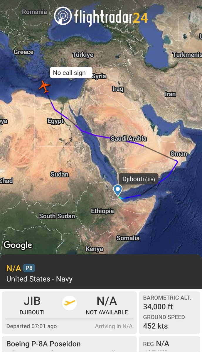 sipjack1776's tweet photo. P-8A 🇺🇲
#AE682F
Out of Djibouti tracking NW over the Mediterranean.
@Borrowed7Time @N214WN https://t.co/RlBVluvKdR