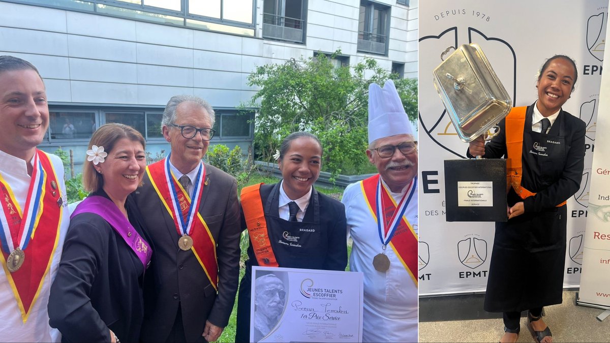 outremers360's tweet image. 🗞️ #Polynésie : Poerava Temakeu remporte l’or au concours international des Jeunes talents Escoffier 

➡️ outremers360.com/bassin-pacifiq…

🍽️La Polynésienne Poerava Temakeu a remporté l’or dans la catégorie « service en salle » au concours international des Jeunes talents Escoffier, ce