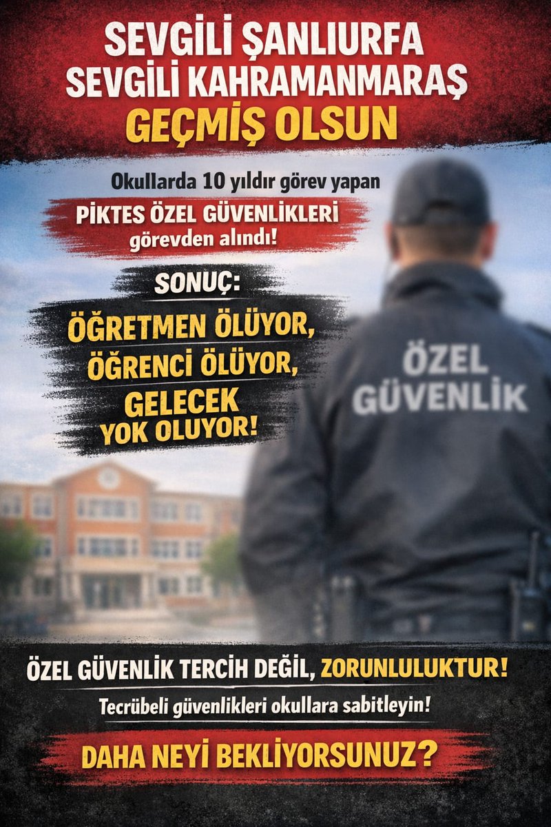 #Piktes
<a href="/RTErdogan/">Recep Tayyip Erdoğan</a>
<a href="/Yusuf__Tekin/">Yusuf Tekin</a>
<a href="/mustafaciftcitr/">Mustafa ÇİFTÇİ</a>
<a href="/memetsimsek/">Mehmet Simsek</a>
<a href="/isikhanvedat/">Prof. Dr. Vedat Işıkhan</a>
🛑 🛑🛑
👉OKULLAR
SAVAŞ ALANINA DÖNDÜ 

👉10 YILLIK TECRÜBELİ 

👉 PİKTES ÖZEL GÜVENLİK OKULLARDAN ÇIKARTILDI

🚨ÇIKARTILMAYA DEVAM EDİLİYOR🚨

🛑ÖĞRETMEN ÖLÜYOR
🛑ÖĞRENCİ ÖLÜYOR 
🛑GELECEK YOK OLUYOR