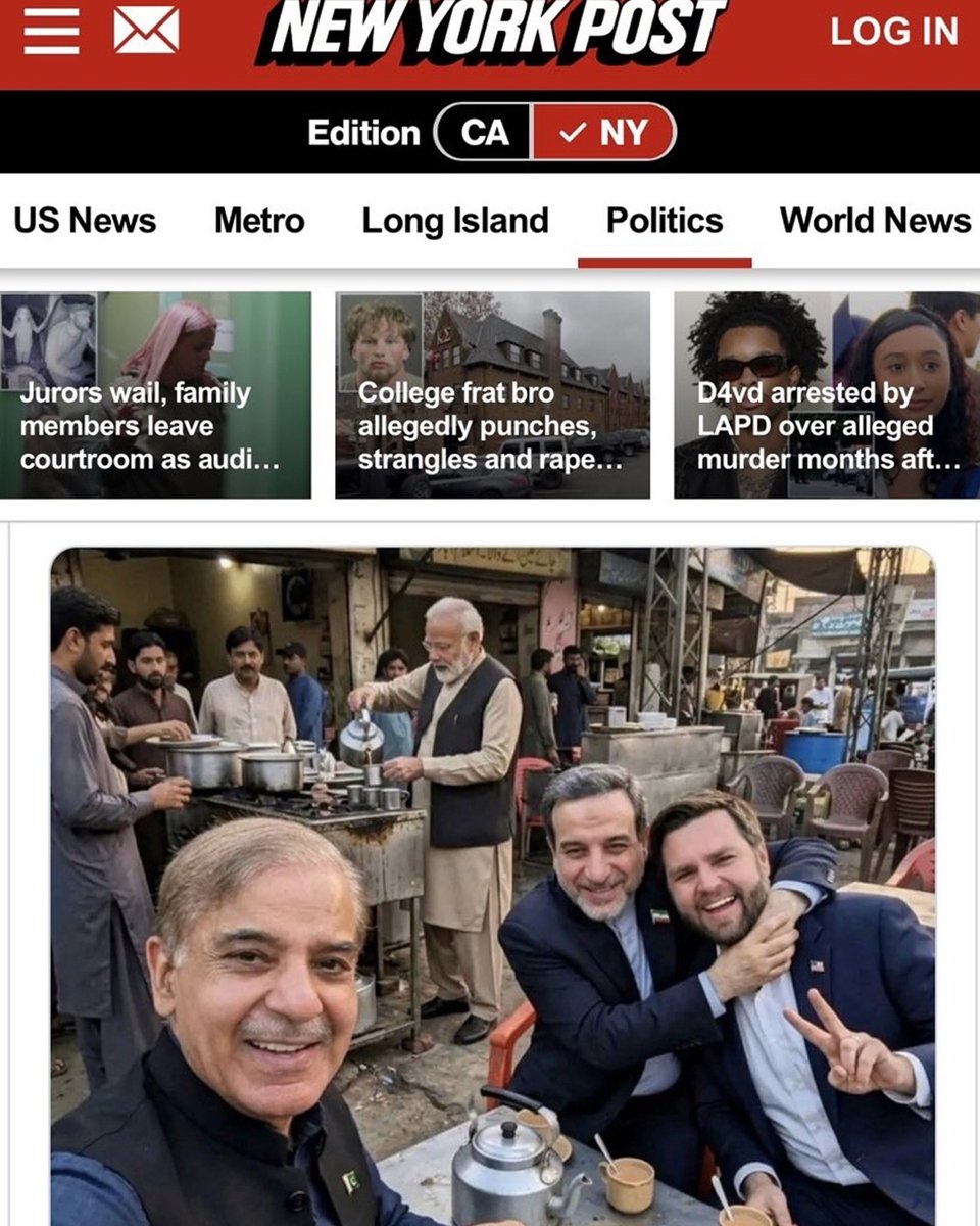 DialoguePak's tweet photo. The New York Post publishes an AI meme showing Modi pouring tea in background while JD Vance Araghchi pose with PM Sharif

#DialoguePakistan #NewYork #Publishes #Modi #Pouring #Tea #JDVance #Araghchi #PMSharif https://t.co/dWpyJxRLnq