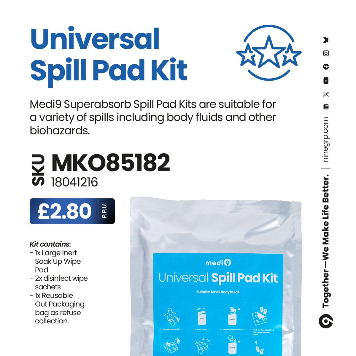 Smart Savings in action.

A universal spill pad kit designed for fast, effective response to body fluids and biohazards — supporting safer environments when it matters most.

ninegrp.com/products/medi9…

‘Together — We Make Life Better.’

#InfectionControl #NHS
