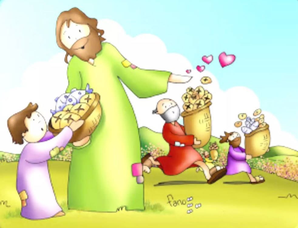 EvDH:”Al levantar los ojos, Jesús vio que una gran multitud acudía a él y dijo a Felipe: 
"¿Dónde compraremos pan para darles de comer?".
El decía esto para ponerlo a prueba, porque sabía bien lo que iba a hacer.
Felipe le respondió: "Doscientos denarios no bastarían para que