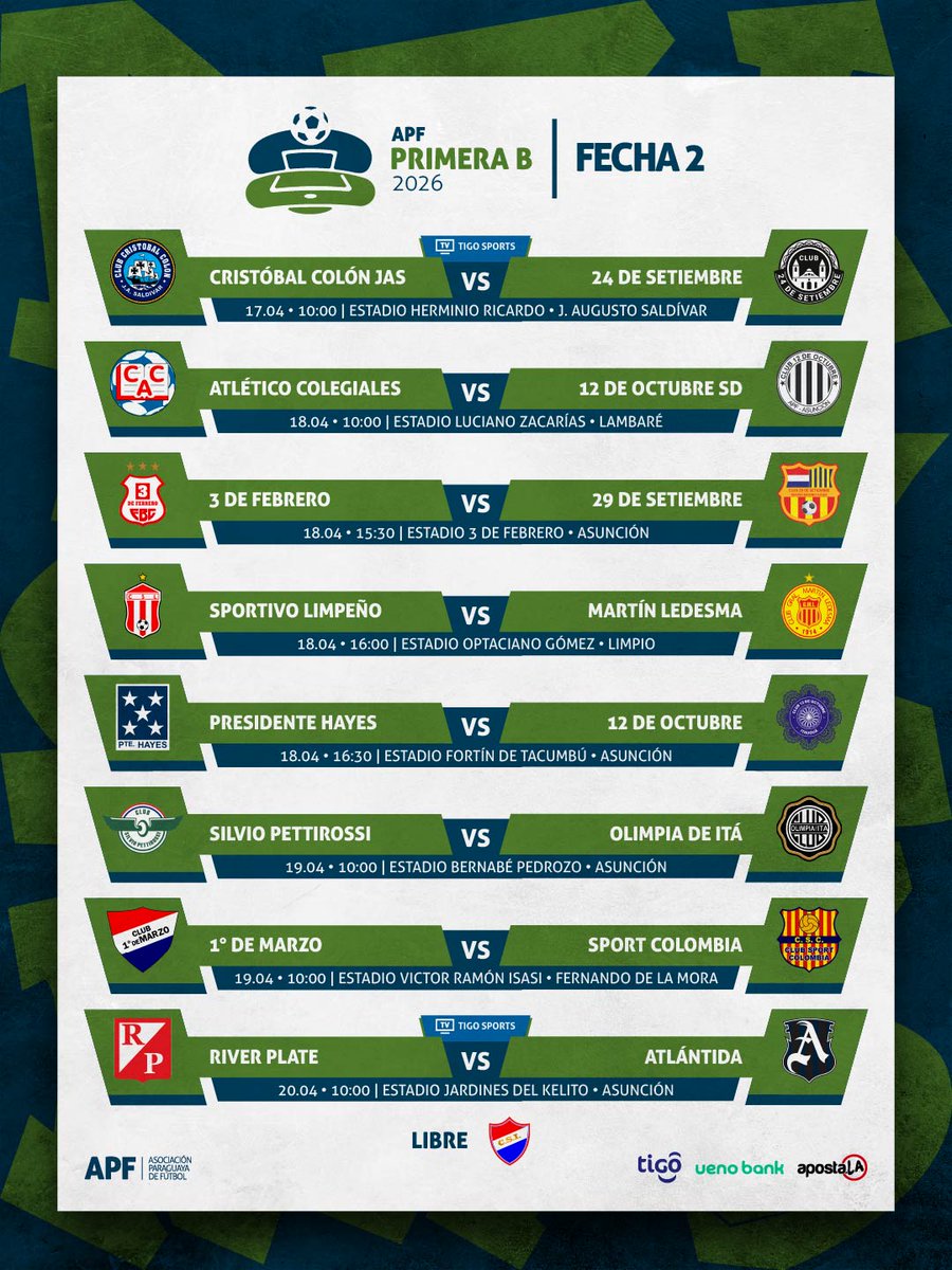 ¡Se viene el segundo capítulo! 🙌

📅 El calendario de la fecha 2.

#APFPrimeraB ⚽