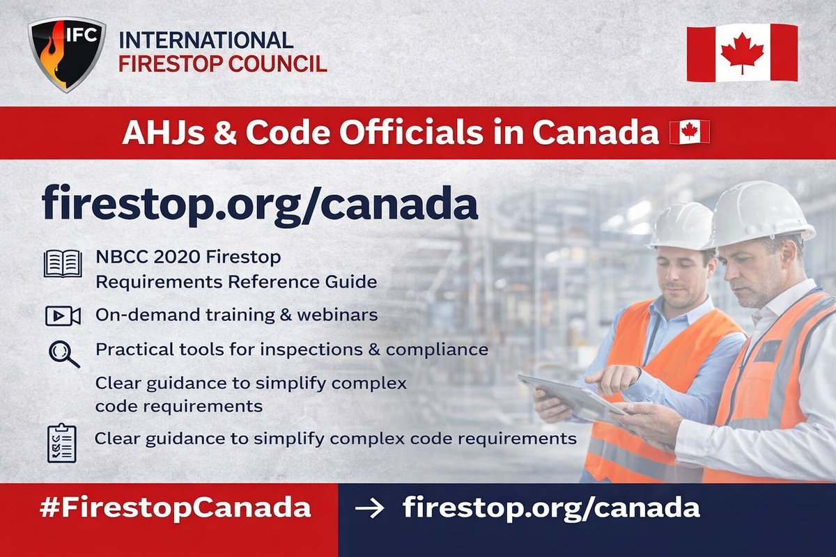 Firestop_Org's tweet photo. 🔥 AHJs &amp; Code Officials in Canada

Firestopping isn’t just technical—it’s life safety.

Explore IFC’s Canada hub: 👉 https://t.co/ATwgGIPcL3

NBCC 2020 guide, training, and practical tools to support better plan review &amp; inspections.

#FirestopCanada https://t.co/zOHYalceBt