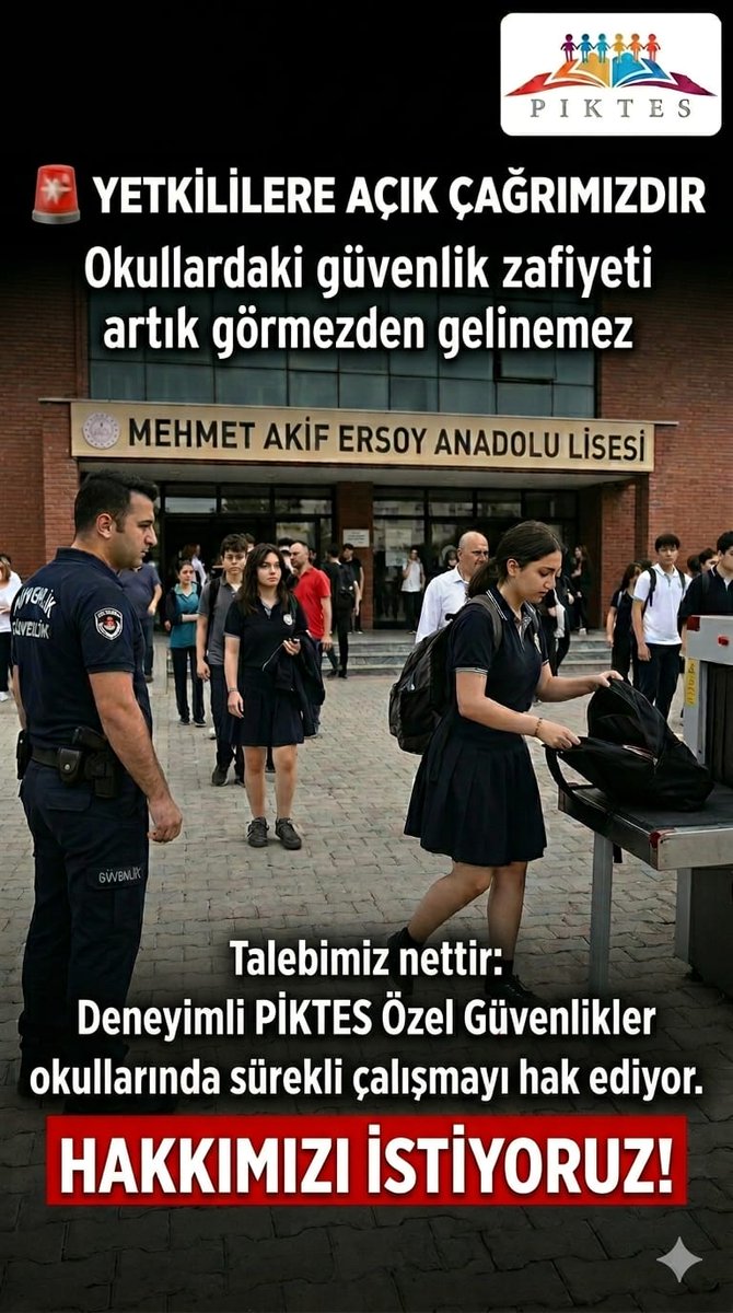 #Piktes
<a href="/RTErdogan/">Recep Tayyip Erdoğan</a>
<a href="/Yusuf__Tekin/">Yusuf Tekin</a>
<a href="/mustafaciftcitr/">Mustafa ÇİFTÇİ</a>
<a href="/memetsimsek/">Mehmet Simsek</a>
<a href="/isikhanvedat/">Prof. Dr. Vedat Işıkhan</a>
🛑 🛑🛑
👉OKULLAR
SAVAŞ ALANINA DÖNDÜ 

👉10 YILLIK TECRÜBELİ 

👉 PİKTES ÖZEL GÜVENLİK OKULLARDAN ÇIKARTILDI

🚨ÇIKARTILMAYA DEVAM EDİLİYOR🚨

🛑ÖĞRETMEN ÖLÜYOR
🛑ÖĞRENCİ ÖLÜYOR 
🛑GELECEK YOK OLUYOR