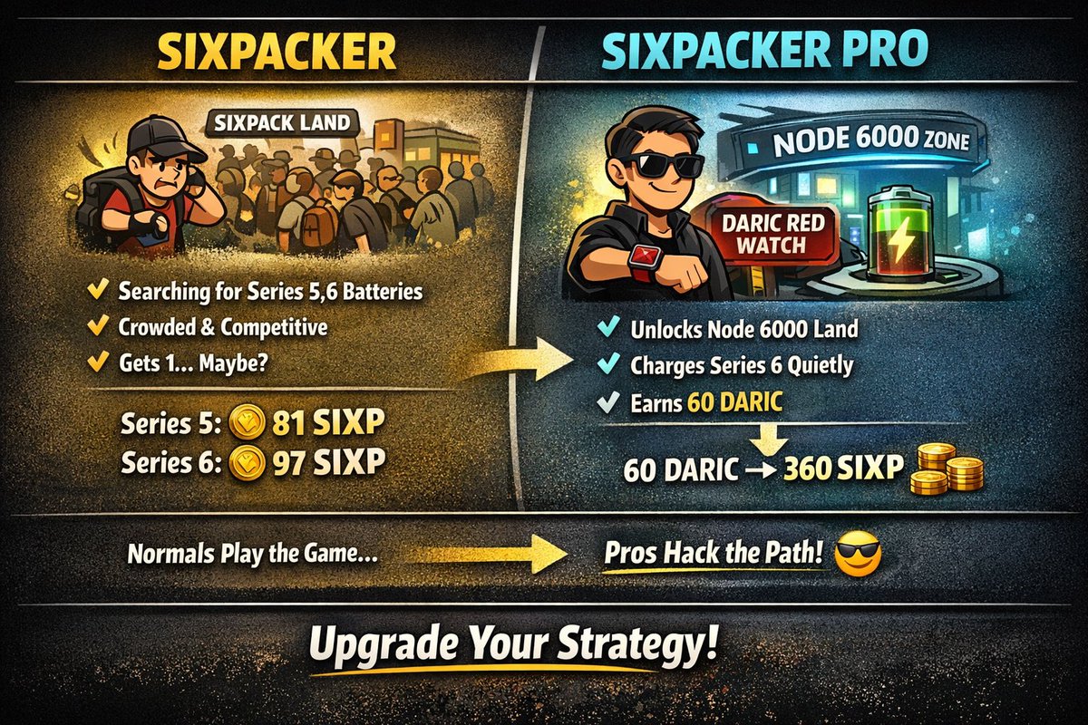 sixpackminer's tweet photo. 🏆 Sixpacker vs Sixpacker Pro
👀 Same game… different outcomes

🏃🏽Normal Sixpacker:
Goes to Sixpack Land
Searching for Series 5,6 batteries
Crowded, high competition
Maybe gets one… maybe not

💰 Series 6: ~97 SIXP
💰 Series 5: ~81 SIXP

🔥🔥🔥

🫡 Sixpacker Pro:
Makes a smart move 👇

⌚️ Gets a DARIC Red Watch
🚪 Unlocks Node 6000 Land
⚡️ Charges Series 6 in a quiet zone

🪙 Earns 60 DARIC

Then:
🔄 Converts DARIC → SIXP 
at ~6 rate (1 DARIC : 6 SIXP)

🪐Result: 360 SIXP 😏

📌 The difference?
Normals play the game
Pros hack the path

Don’t just play.
Upgrade your strategy.