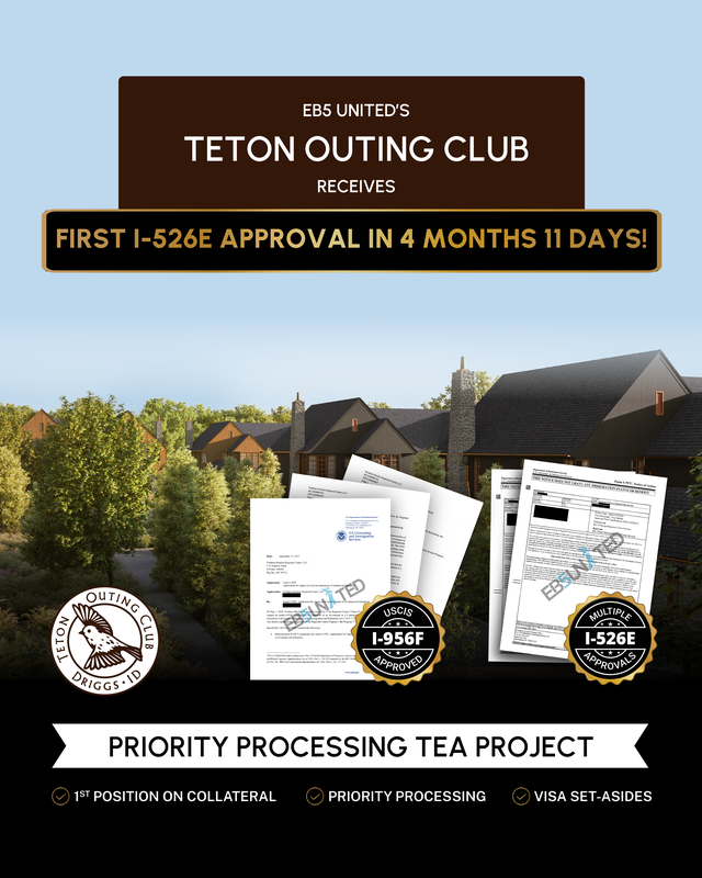 eb5united's tweet photo. We are pleased to share that our Priority Processing Rural TEA Project, Teton Outing Club, received its first I-526E Approval 4 months and 11 days after the Investor filed the I-526E Petition.

This approval highlights the continued benefits of Priority I-526E Processing for Rural EB-5 Projects, with our 2025 approvals averaging approximately 5 months based on internal data.

About Teton Outing Club

Teton Outing Club is a boutique residential community located in Driggs, Idaho, within the scenic Teton Valley near Jackson Hole and minutes from Yellowstone National Park. The development features 30 luxury townhomes averaging 2,600 square feet, offering 3-5-bedroom layouts with year-round access to world-class recreation and mountain living.

This Project builds on the proven approach behind Yellowstone Club Phase II, focusing on institutional discipline, investor first structuring, and high-quality collateral.

We’d also like to share with you that as of September 2025, EB5 United has become one of the leading Regional Centers for Rural EB-5 Investment in the Post-RIA Era with 750+ I-526E approvals, clearly demonstrating the effectiveness of Rural Priority Processing for EB-5 investors.

This success is part of a broader milestone of helping over 2,000 investors obtain 3,000+ Green Cards through the EB-5 Program, including more than 1,250 Rural EB-5 investors who have helped create 27,000+ EB-5 compliant jobs since the RIA of 2022.

Disclaimer: For informational purposes only. Not an offer to sell or solicitation to buy any security. No
general solicitation intended. Any offering made exclusively via PPM to qualified accredited investors. EB-5 investments involve risk, including loss of capital, and immigration outcomes are not guaranteed.

Investors should consult qualified legal, tax, and immigration advisors.

More info: https://t.co/VKrnVpWLaX

#EB5 #EB5Program #EB5United #EB5Investors #EB5PriorityProcessing #I526EApproval #EB5RuralProjects