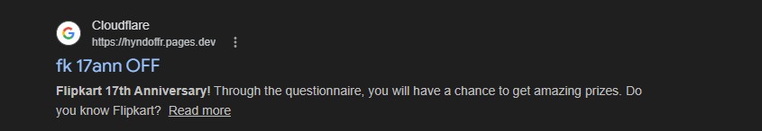 Malwarehunterr's tweet image. #Flipkart 17th Anniversary scam

Mobile only page (desktop → redirected to Google)

Fake iPhone 15 reward → quiz → gift box → WhatsApp share loop

Domain: hyndoffr[.]pages[.]dev

#phishing #scam