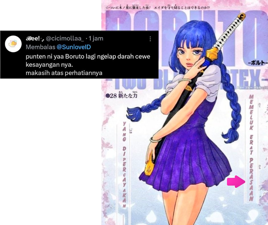 Ohh ngelap darah, kirain 🔩 udah ngasih perasaannya buat 👓. Tapi, ga bisa juga, ga mungkin 🔩 menduakan cintanya. Mau pelukan atau ngelap darah, percuma sih ga bakal dapat juga,  karena PERASAAN 🔩 sudah DIPERCAYAKAN KE GADIS LAIN. Pesan dari Narasi.
#BoruSumi