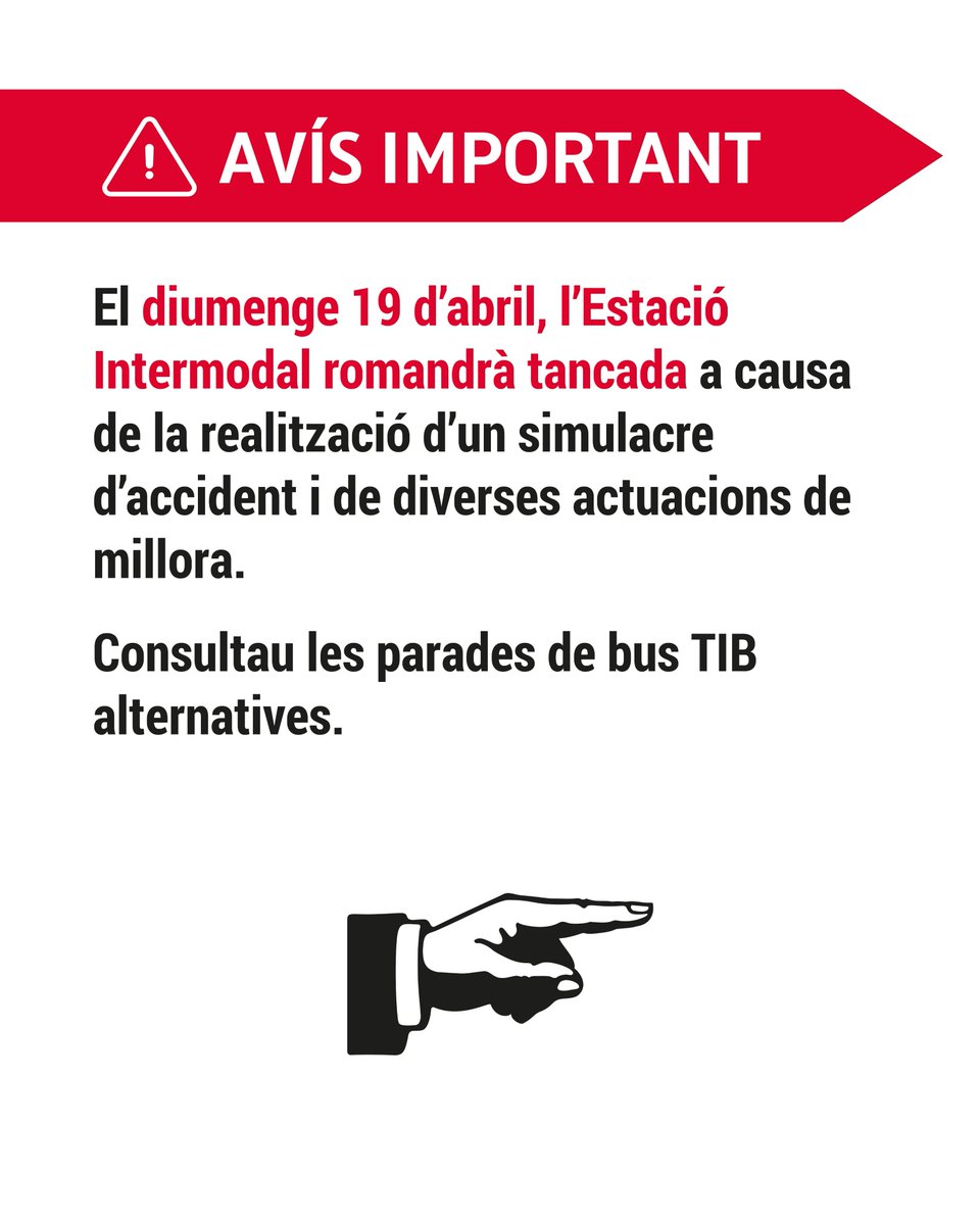 TIB_Mallorca's tweet photo. ⚠️ Avís important⚠️

Diumenge 19 d’abril: Tancament de l’Estació Intermodal de Palma per un simulacre i actuacions de millora

📍Les línies TIB es traslladen a parades alternatives

Consultau les parades provisionals a Palma👇https://t.co/O9jBno2pED https://t.co/w91WCOdzbs