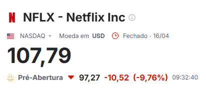 Ações da Netflix recuam forte após projeções decepcionarem o mercado, enquanto o cofundador Reed Hastings anuncia sua saída do conselho.

Um ótimo exemplo do que comentei no vídeo desta semana no canal.

$NFLX