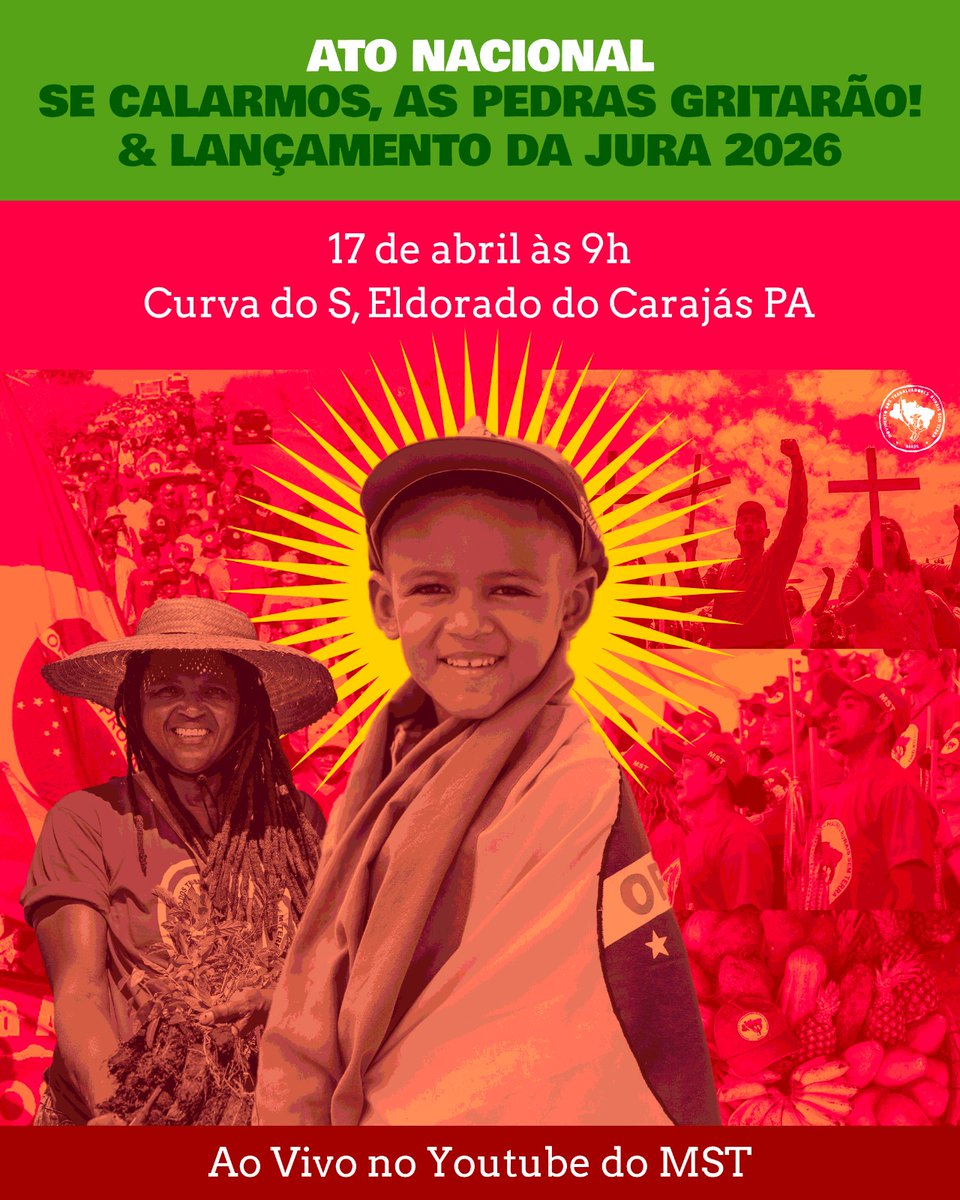 🚩 A partir das 9h, estaremos ao vivo diretamente de Eldorado do Carajás, para a transmissão do Ato Político "Se calarmos, as pedras falarão" e do lançamento da Jornada Universitária em Defesa da Reforma Agrária.

🎦 Acompanhe pelo youtube: youtube.com/live/zAHbUQKVV…