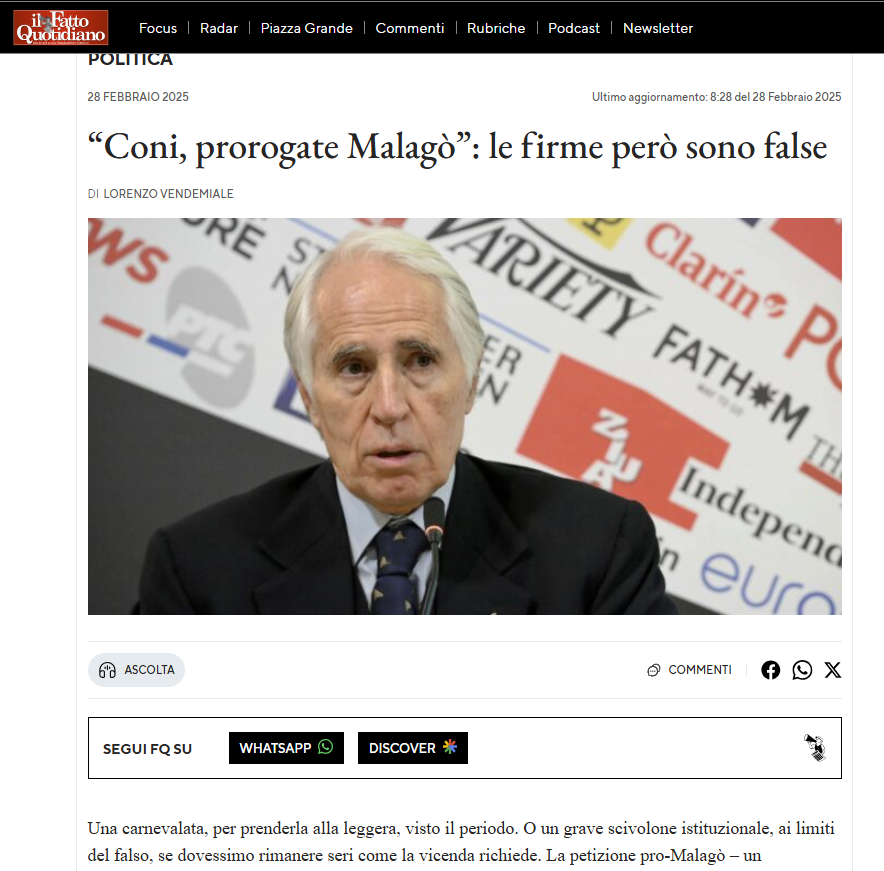 Febbraio 2025 
Viene indirizzata a Palazzo Chigi per permettere (grazie ad un applicazione delle legge discutibile) la ricandidatura di #Malagò, che altrimenti a giugno 2025 avrebbe dovuto lasciare. 
La lettera però contiene diverse firme false.
D’Antoni (consigliere di #Malagò)